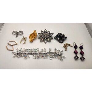 Vintage Jewelry Lot: Brooches Earrings & Crystal Bracelet-9 Total Pieces